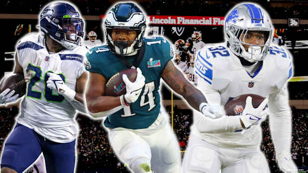 Philadelphia Eagles running backs Rashaad Penny (left), Kenneth Gainwell (center), and D'Andre Swift (right).